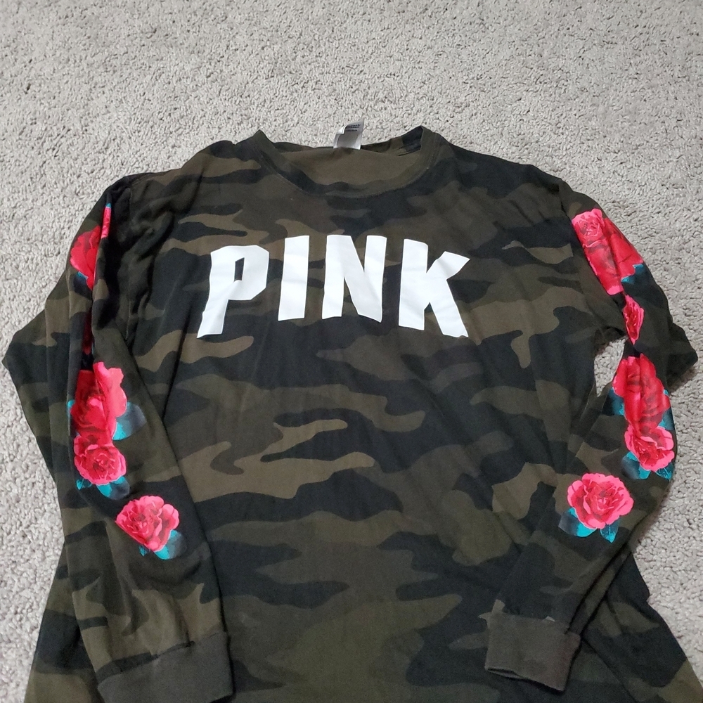 PINK Victoria's Secret Camouflage Shirt with Floral Rose Sleeves